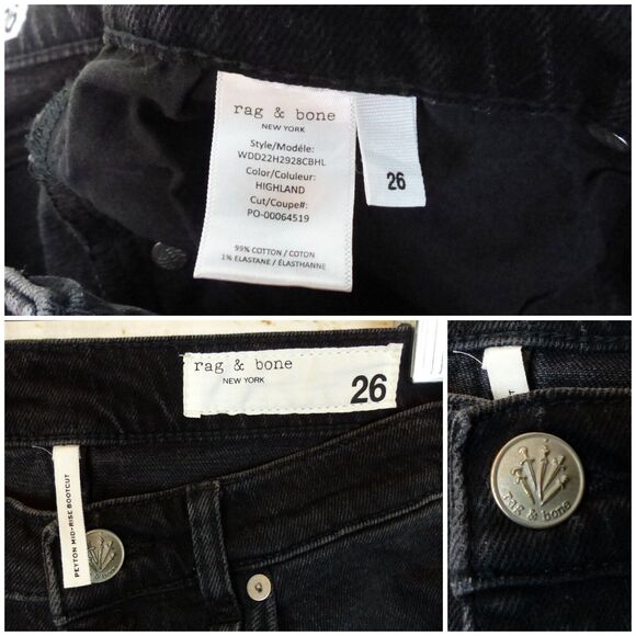Rag & Bone Peyton Jeans Womens 26 Black Mid Rise Ankle Boot Cut Raw Hem Grunge - Picture 8 of 10